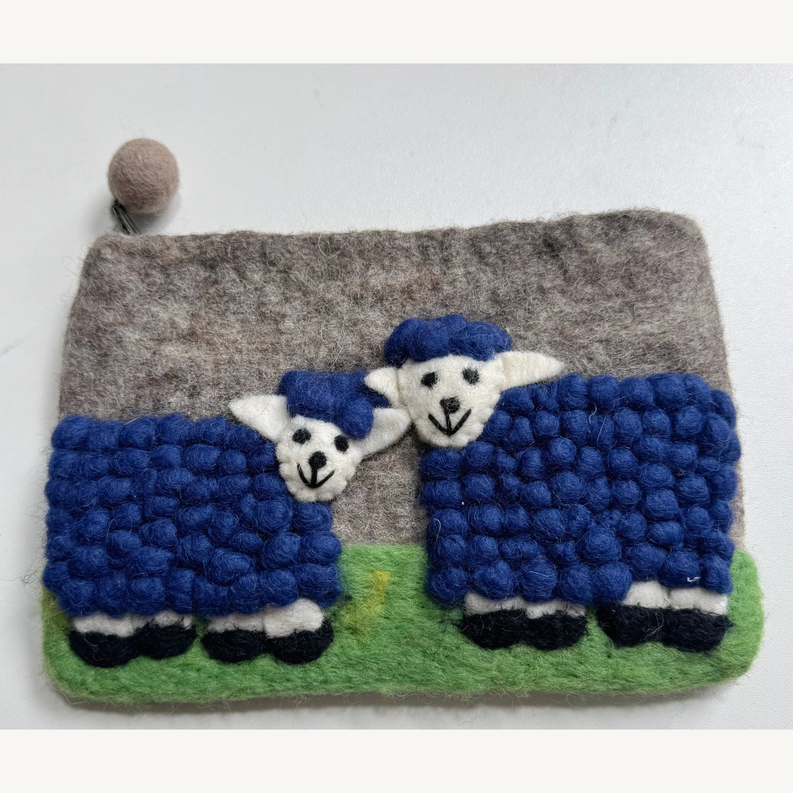 Handmade wool felt zip pouch — Navy Sheep / Charcoal — 20 × 12 cm