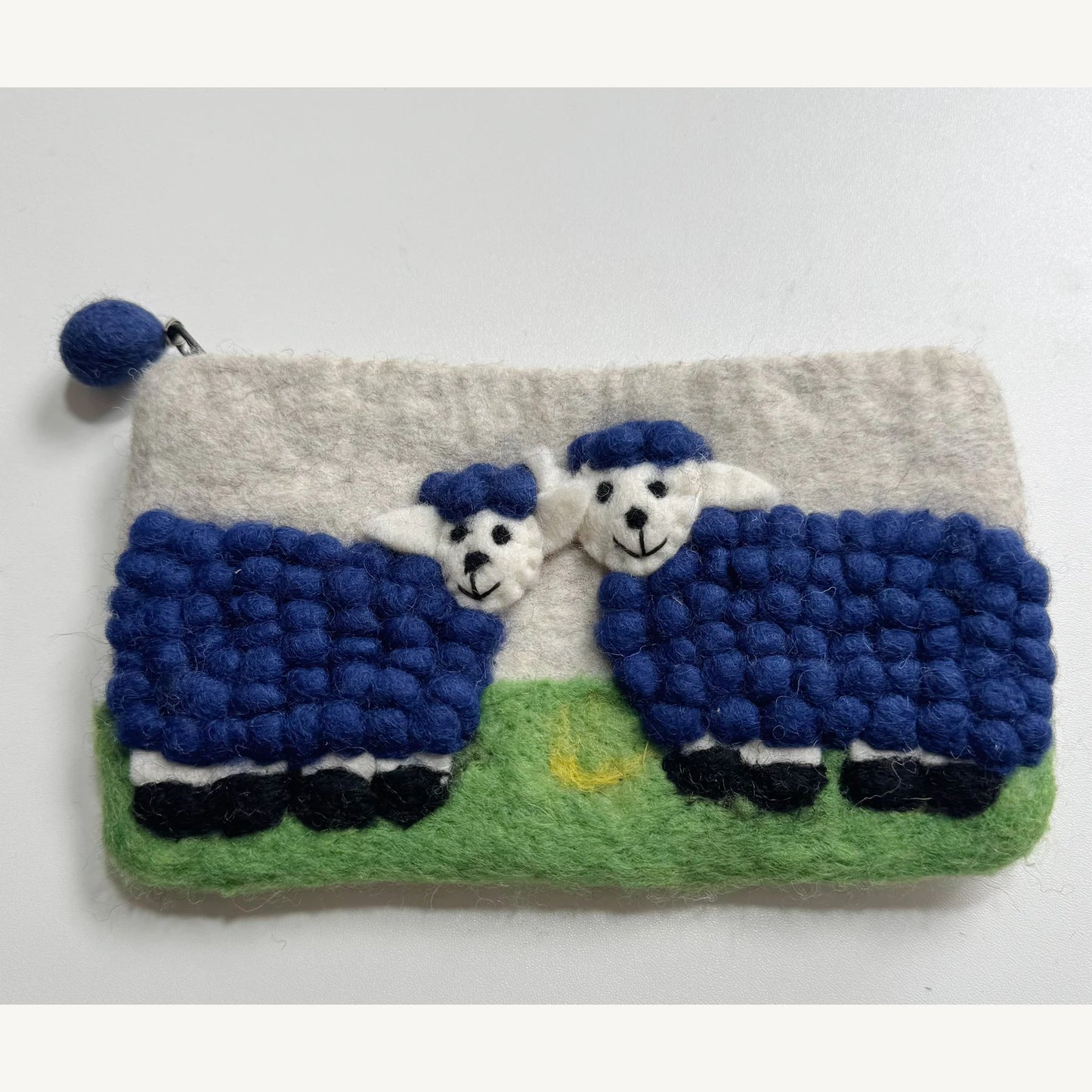 Handmade wool felt zip pouch — Navy Sheep / Greige — 20 × 12 cm