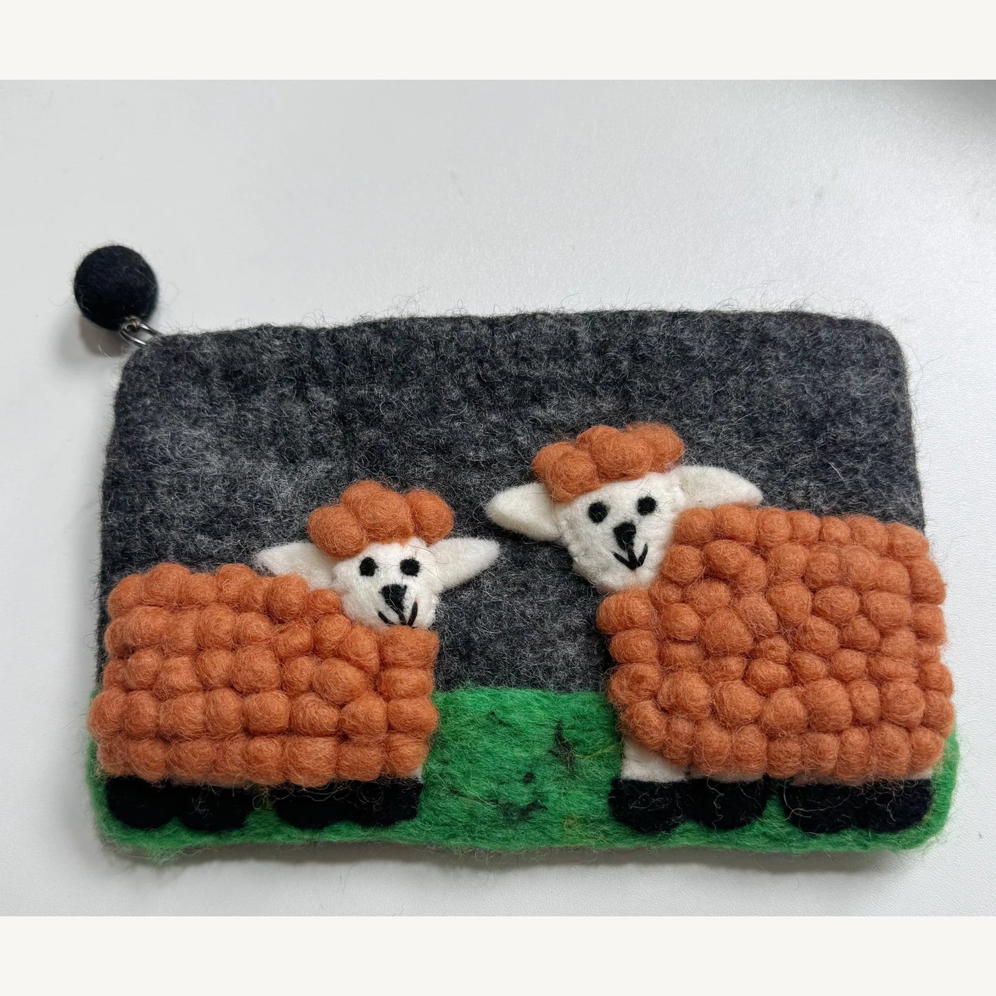 Handmade wool felt zip pouch — Brown Sheep / Charcoal — 20 × 12 cm