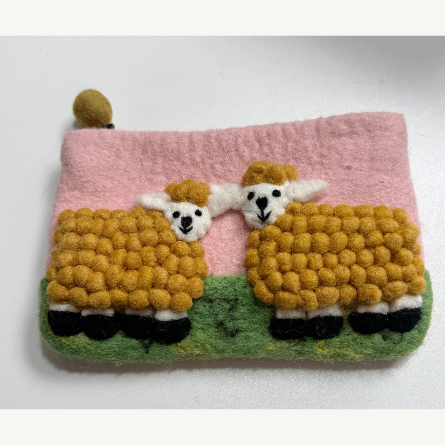 Handmade wool felt zip pouch — Yellow Sheep / Pink — 20 × 12 cm