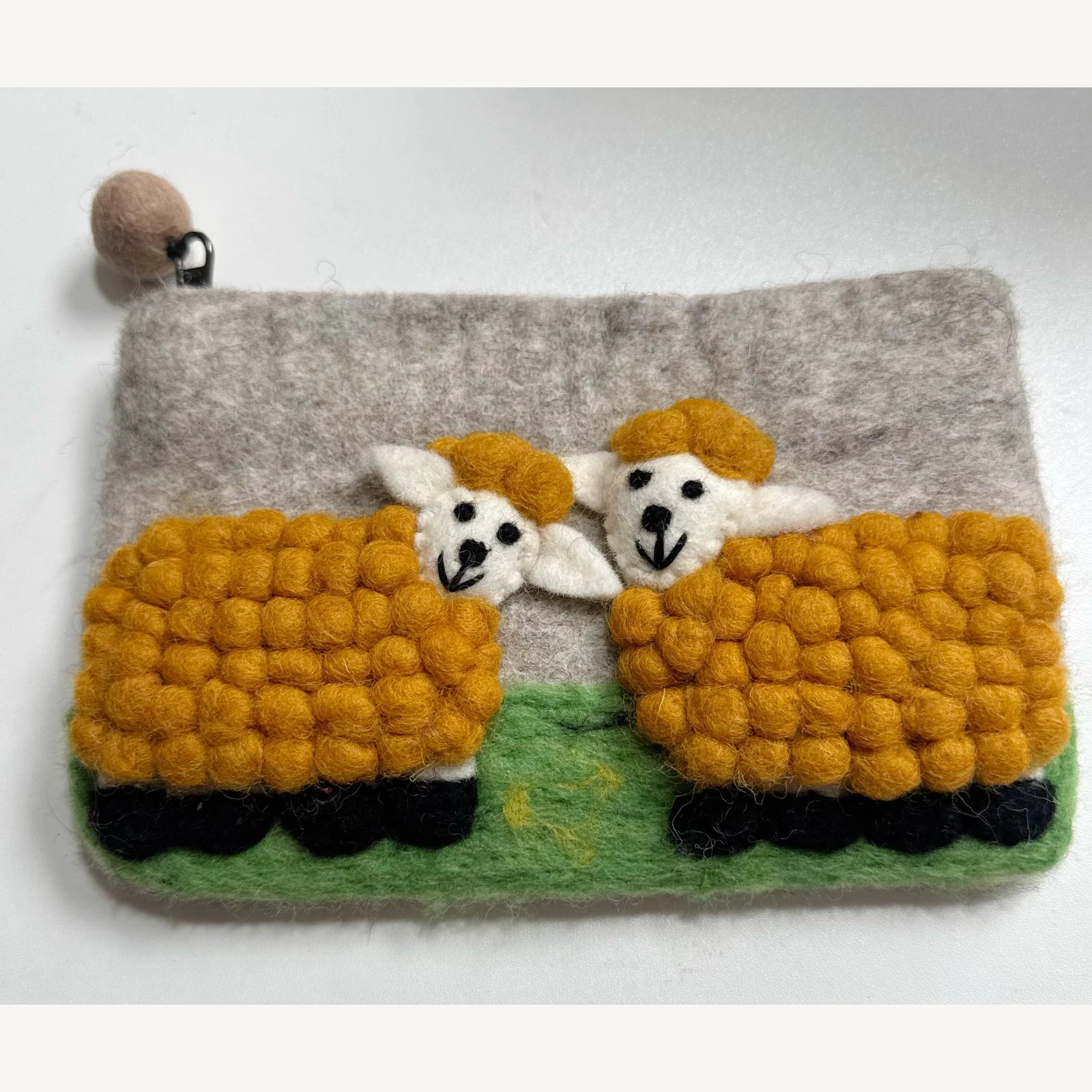 Handmade wool felt zip pouch — Yellow Sheep / Tan — 20 × 12 cm