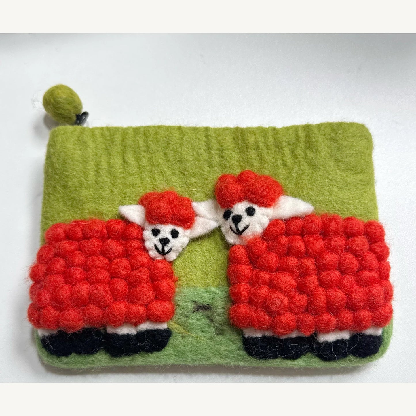 Handmade wool felt zip pouch — Red Sheep / Mint — 20 × 12 cm