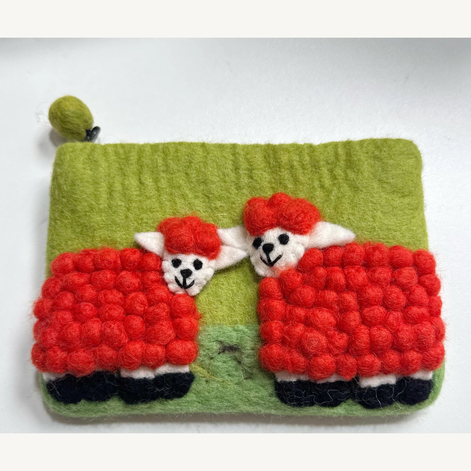 Handmade wool felt zip pouch — Red Sheep / Mint — 20 × 12 cm