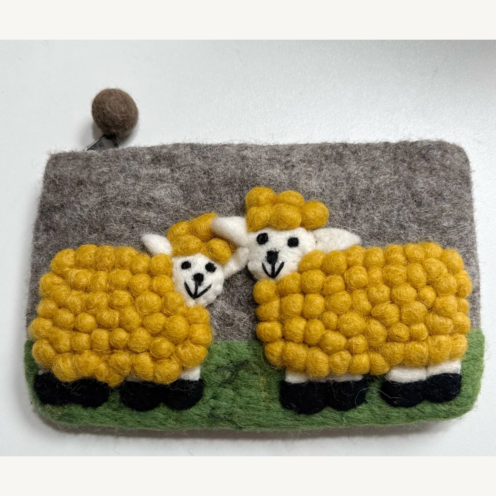 Handmade wool felt zip pouch — Yellow Sheep / Brown — 20 × 12 cm