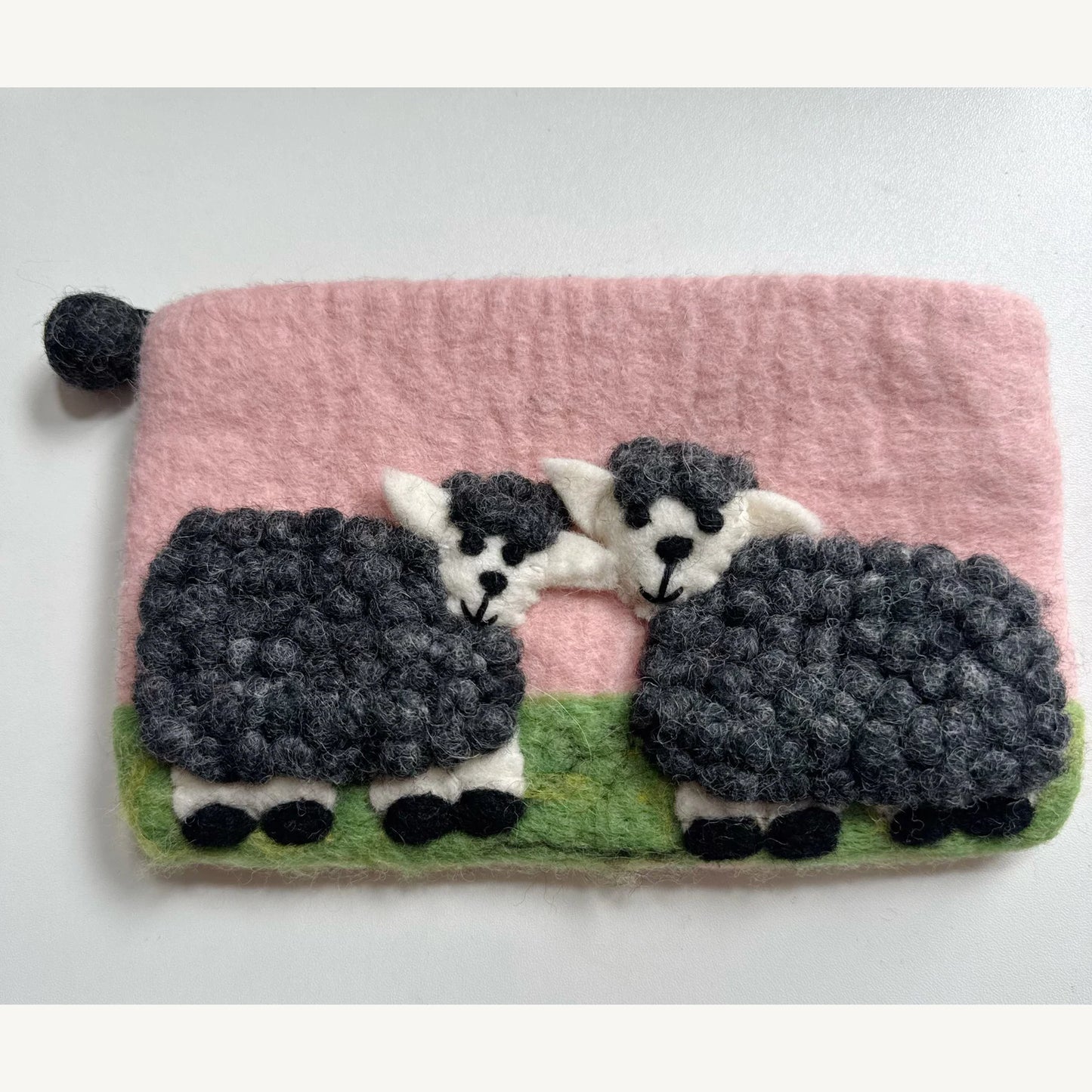 Handmade wool felt zip pouch — Charcoal Sheep / Pink — 20 × 12 cm