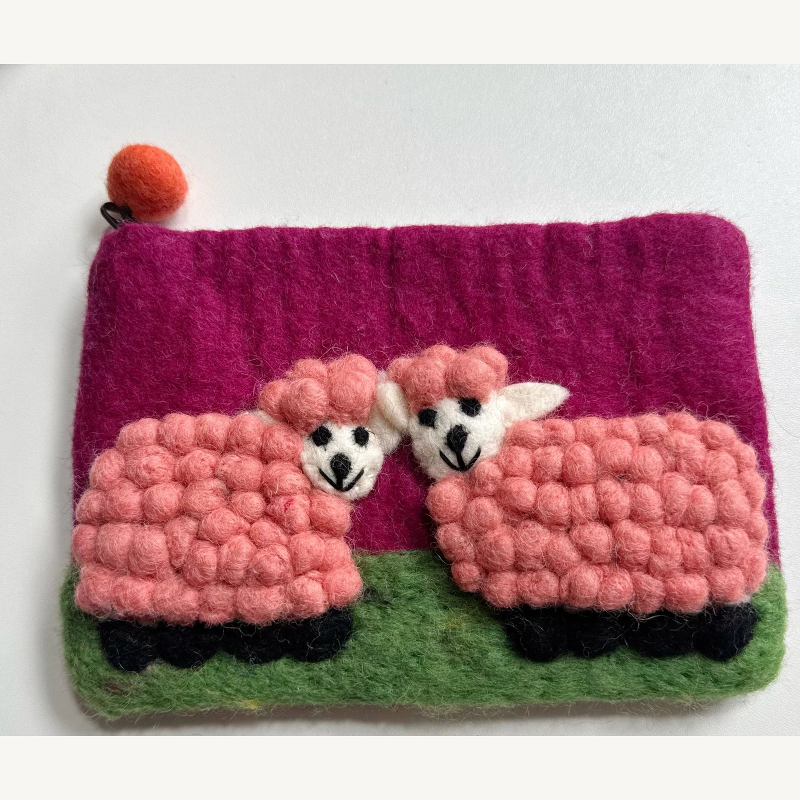 Handmade wool felt zip pouch — Pink Sheep — 20 × 12 cm