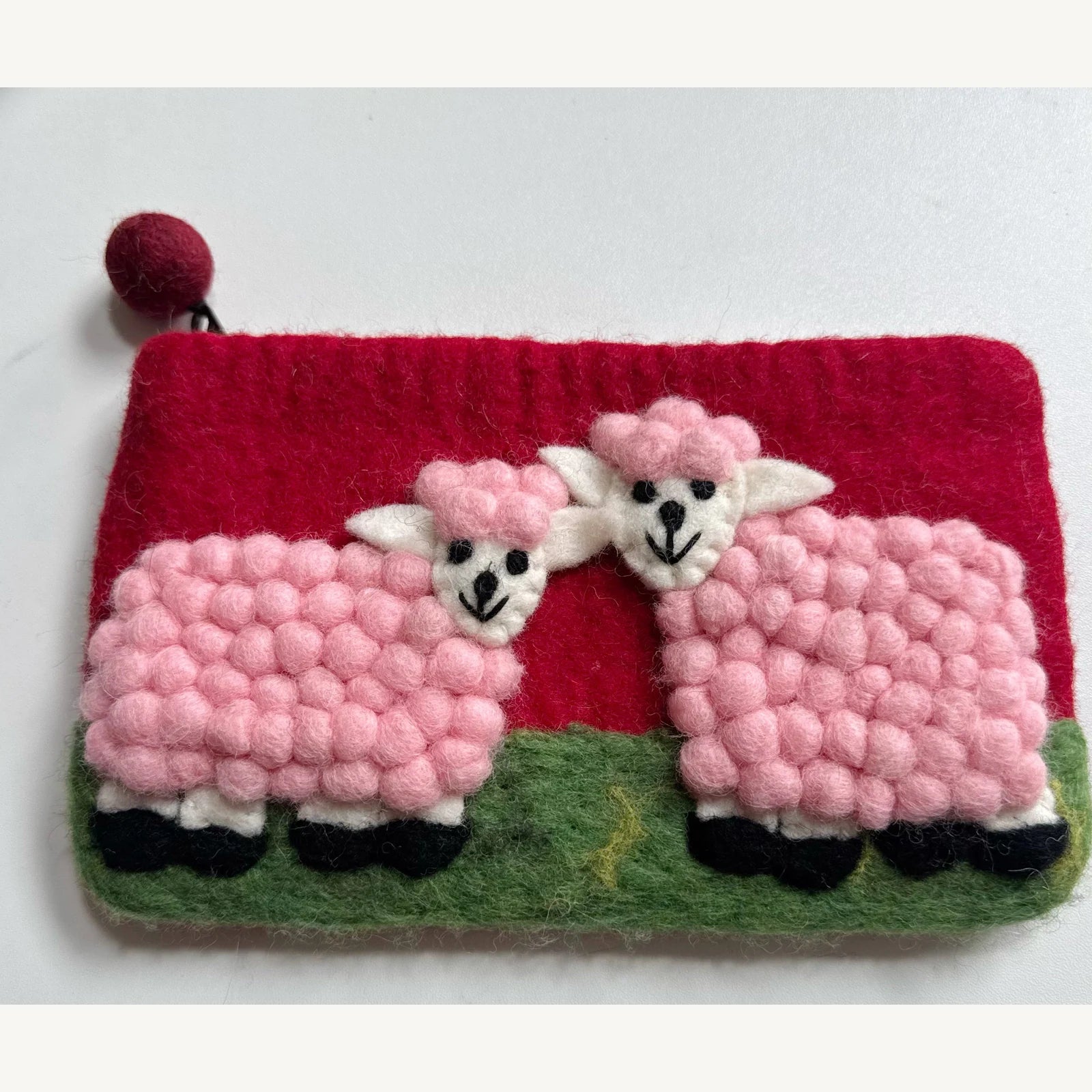 Handmade wool felt zip pouch — Pink Sheep / Red — 20 × 12 cm