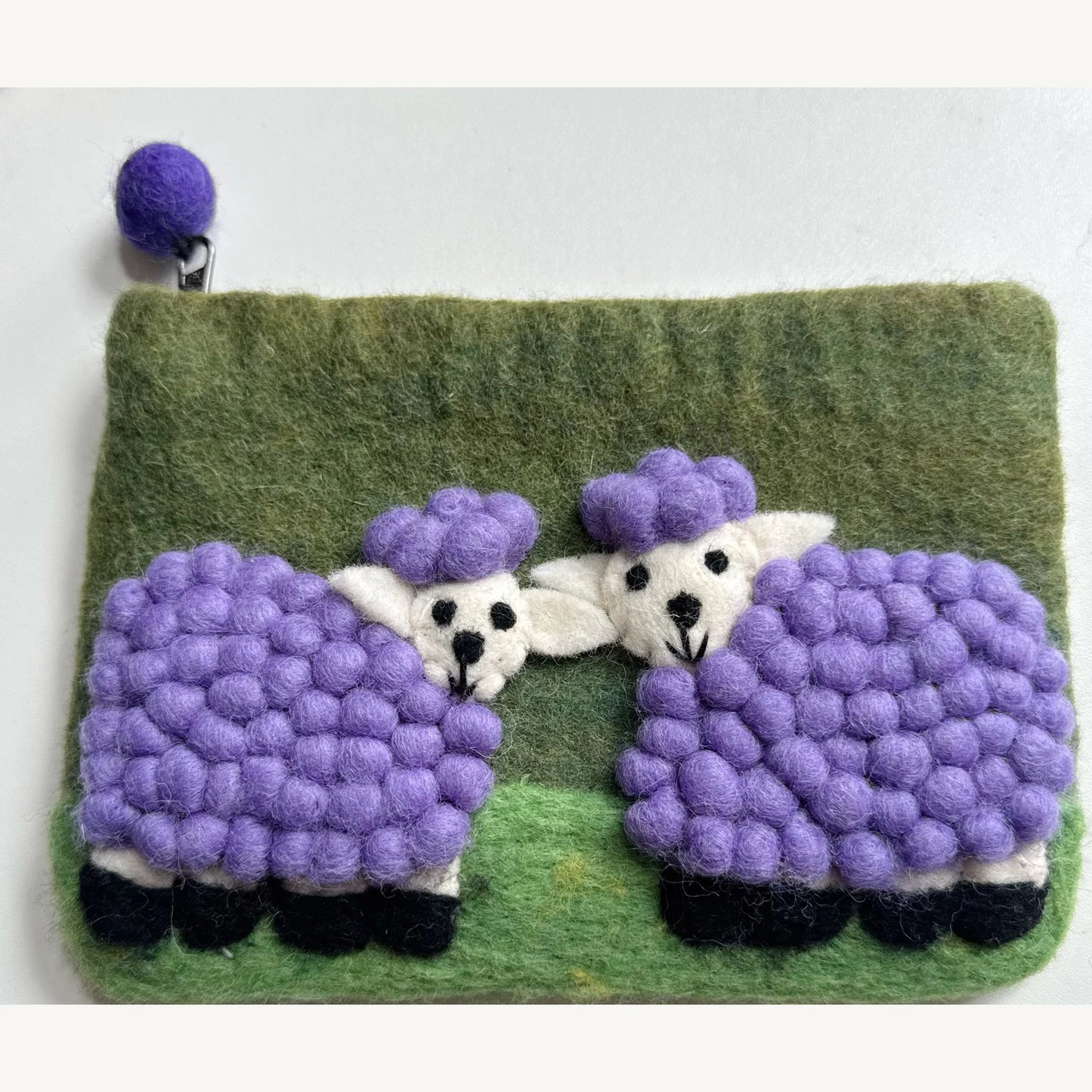 Handmade wool felt zip pouch — Purple Sheep / Green — 20 × 12 cm