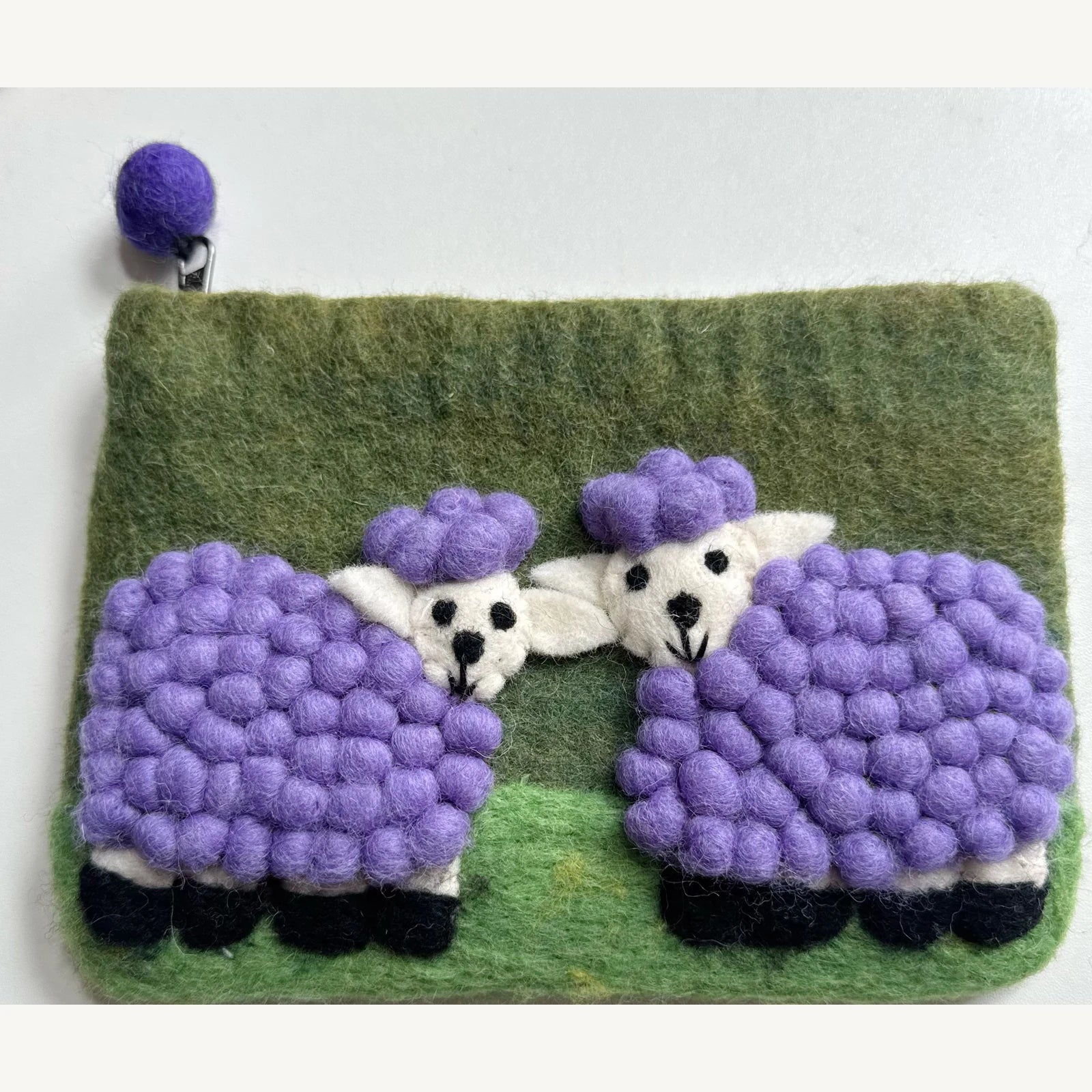 Handmade wool felt zip pouch — Purple Sheep / Green — 20 × 12 cm