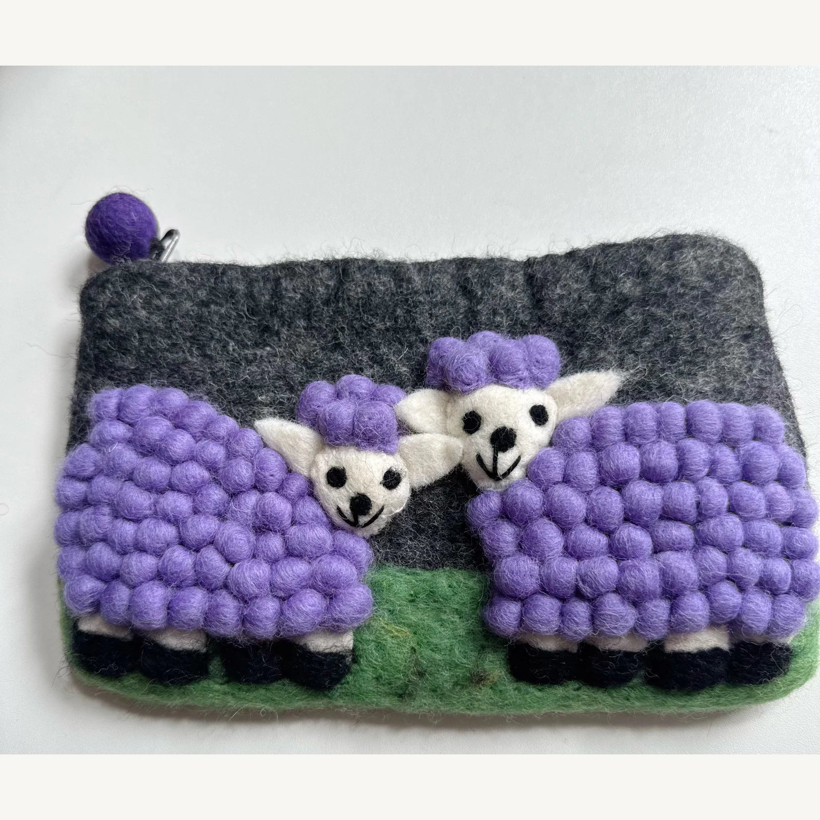 Handmade wool felt zip pouch — Purple Sheep / Grey — 20 × 12 cm