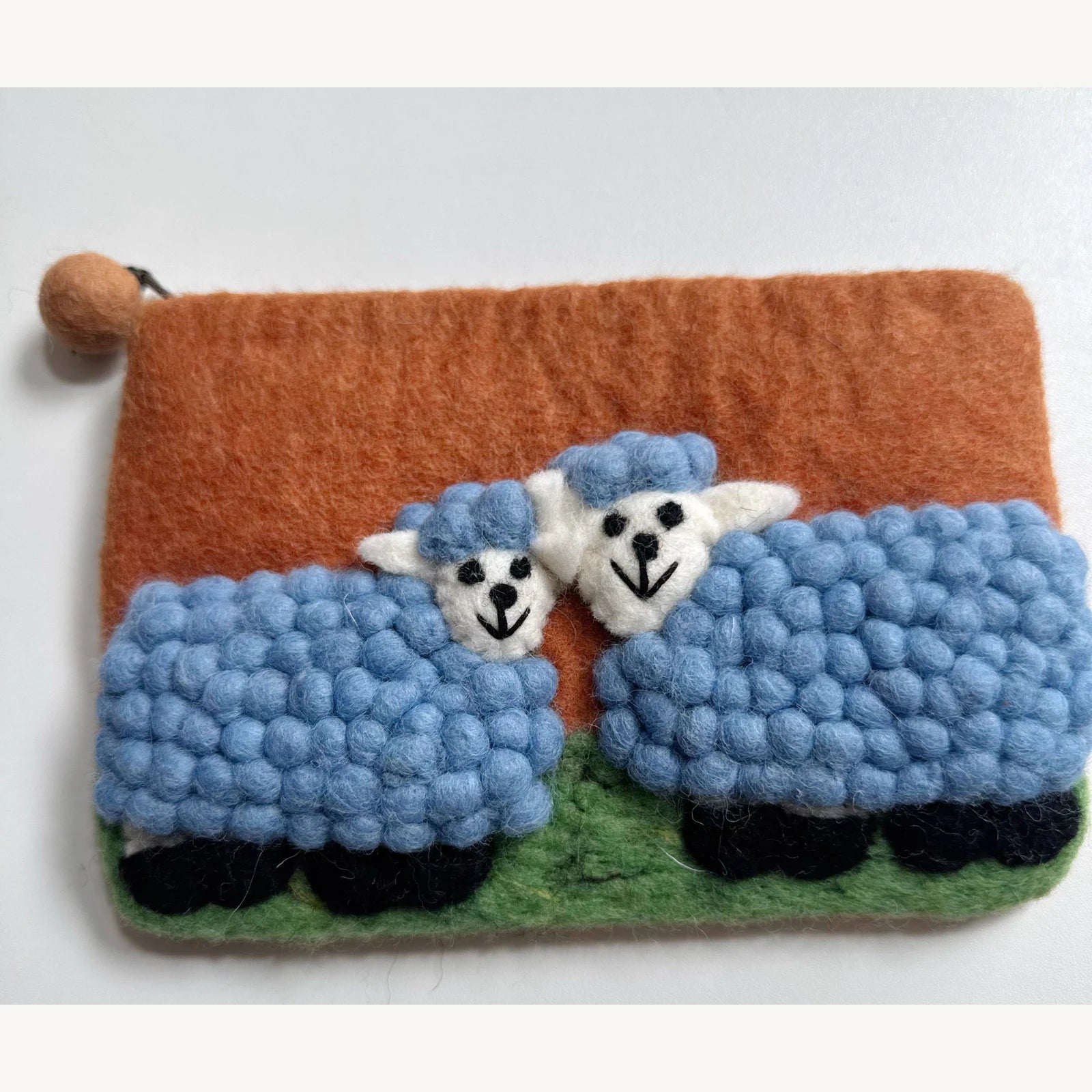 Handmade wool felt zip pouch — Blue Sheep / Brown — 20 × 12 cm