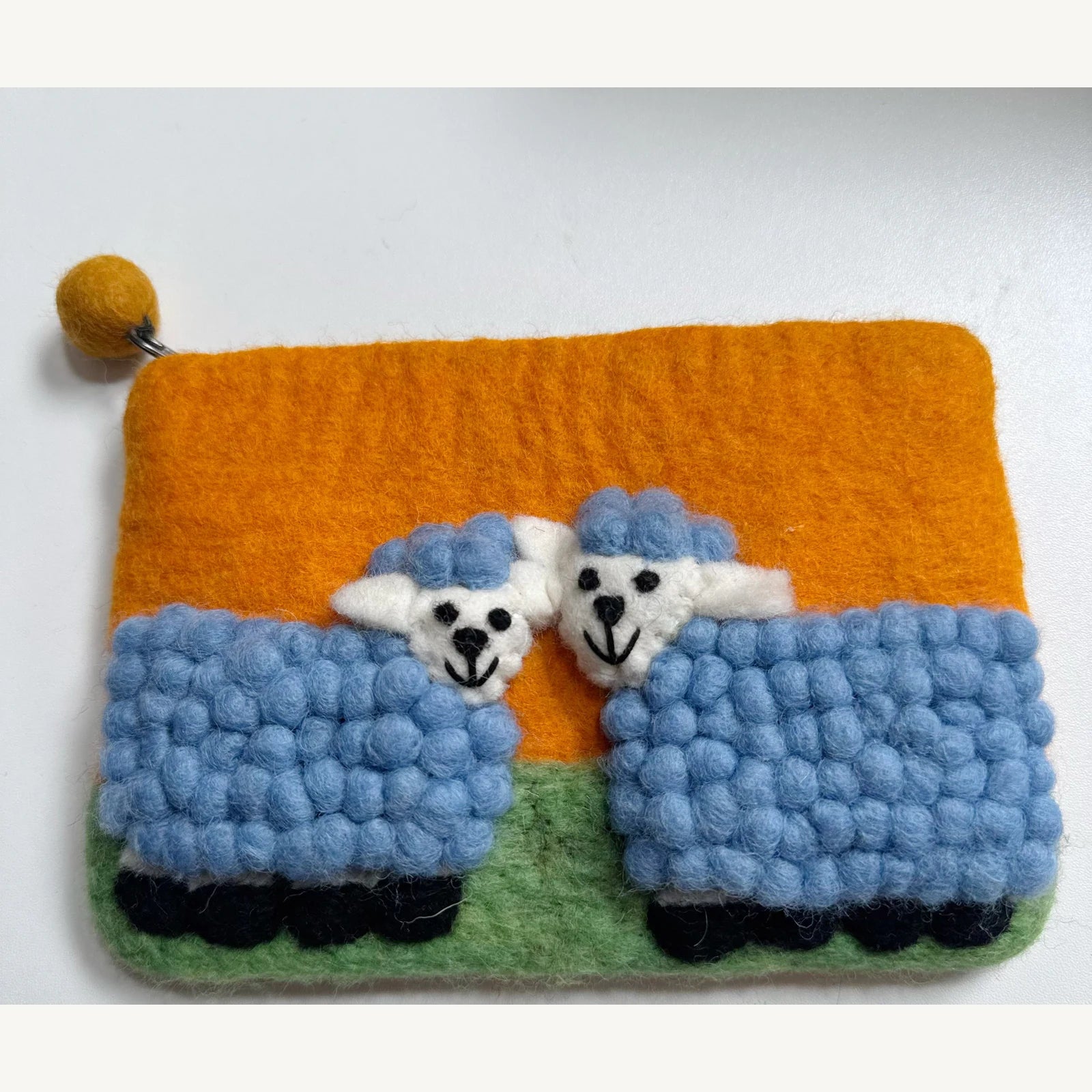 Handmade wool felt zip pouch — Blue Sheep / Orange — 20 × 12 cm