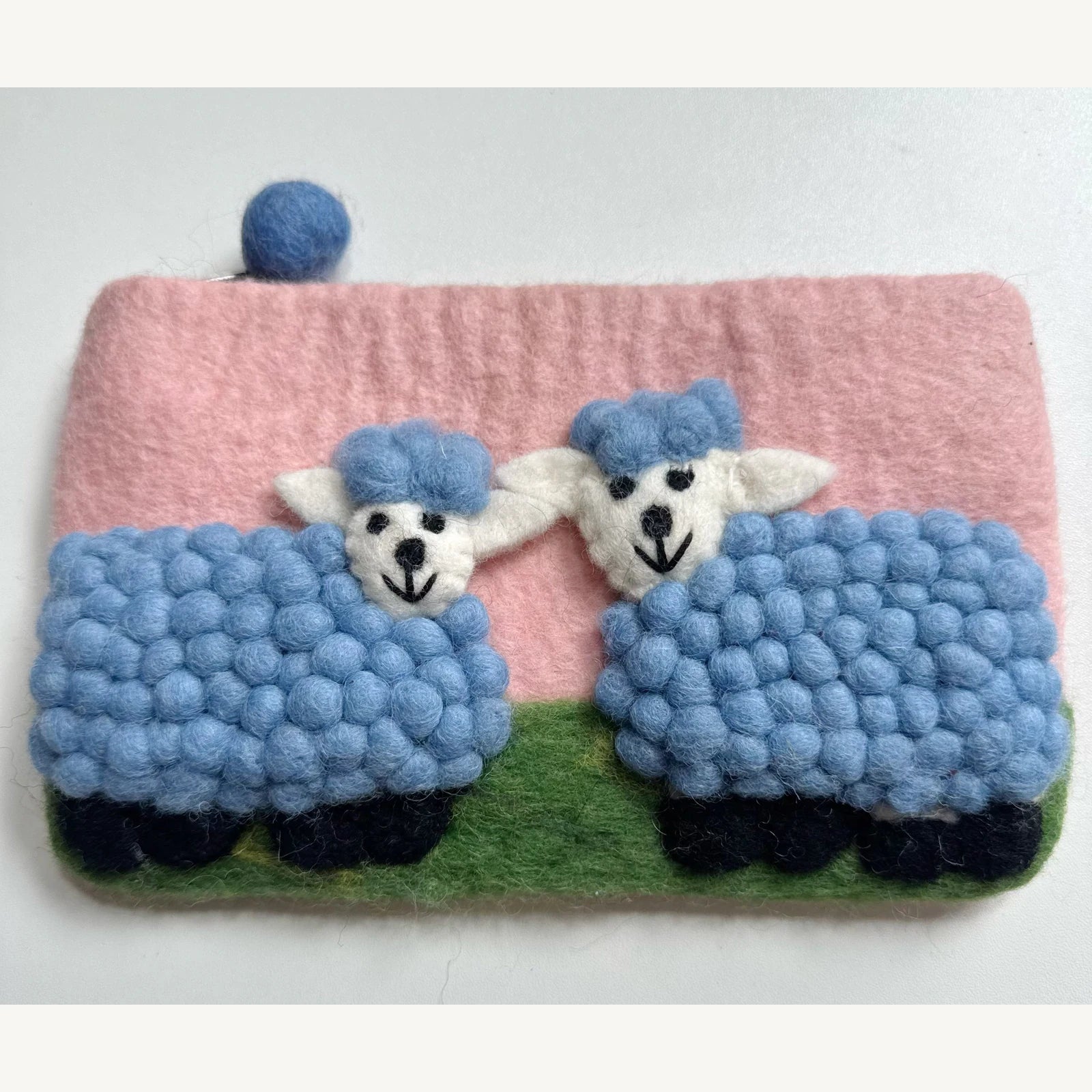 Handmade wool felt zip pouch — Blue Sheep / Pink — 20 × 12 cm