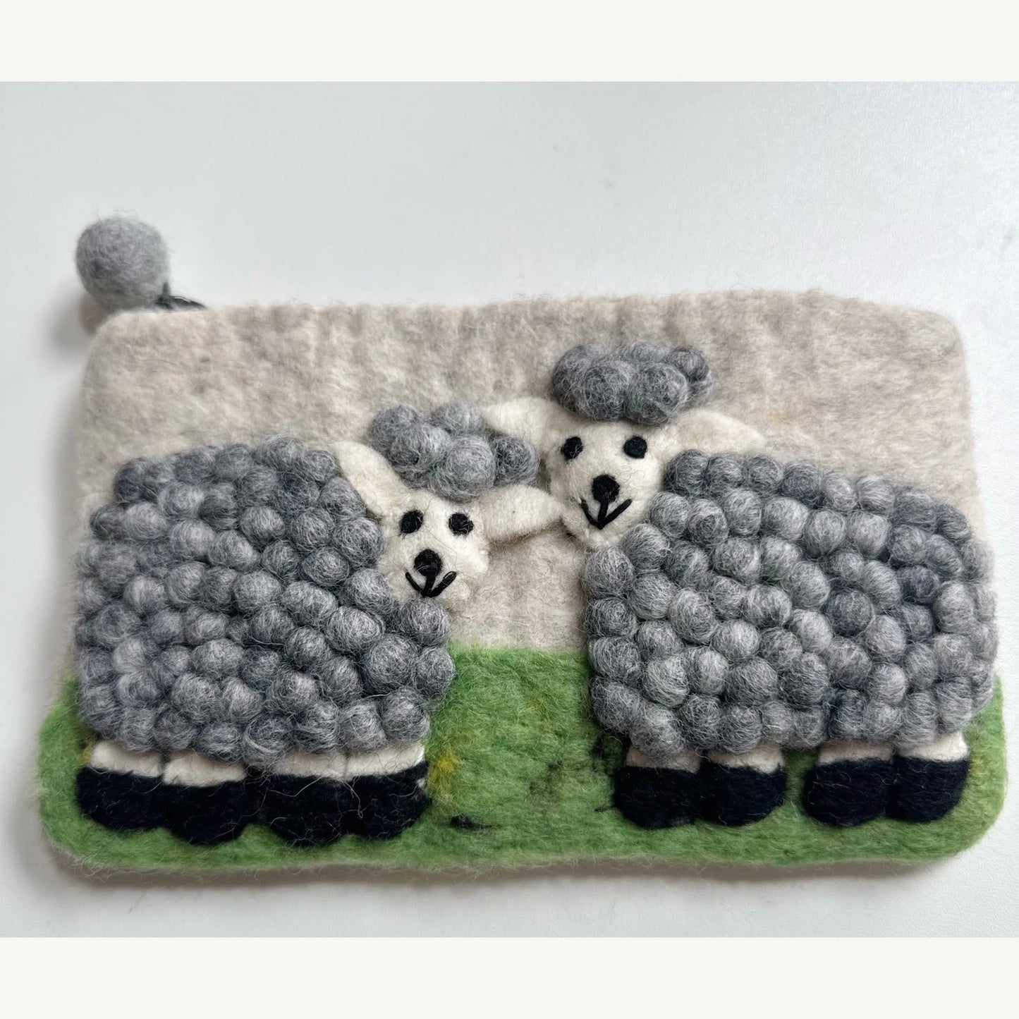 Handmade wool felt zip pouch — Grey Sheep / Grey — 20 × 12 cm