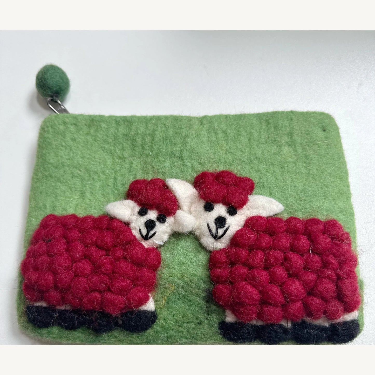 Handmade wool felt zip pouch — Red Sheep / Green