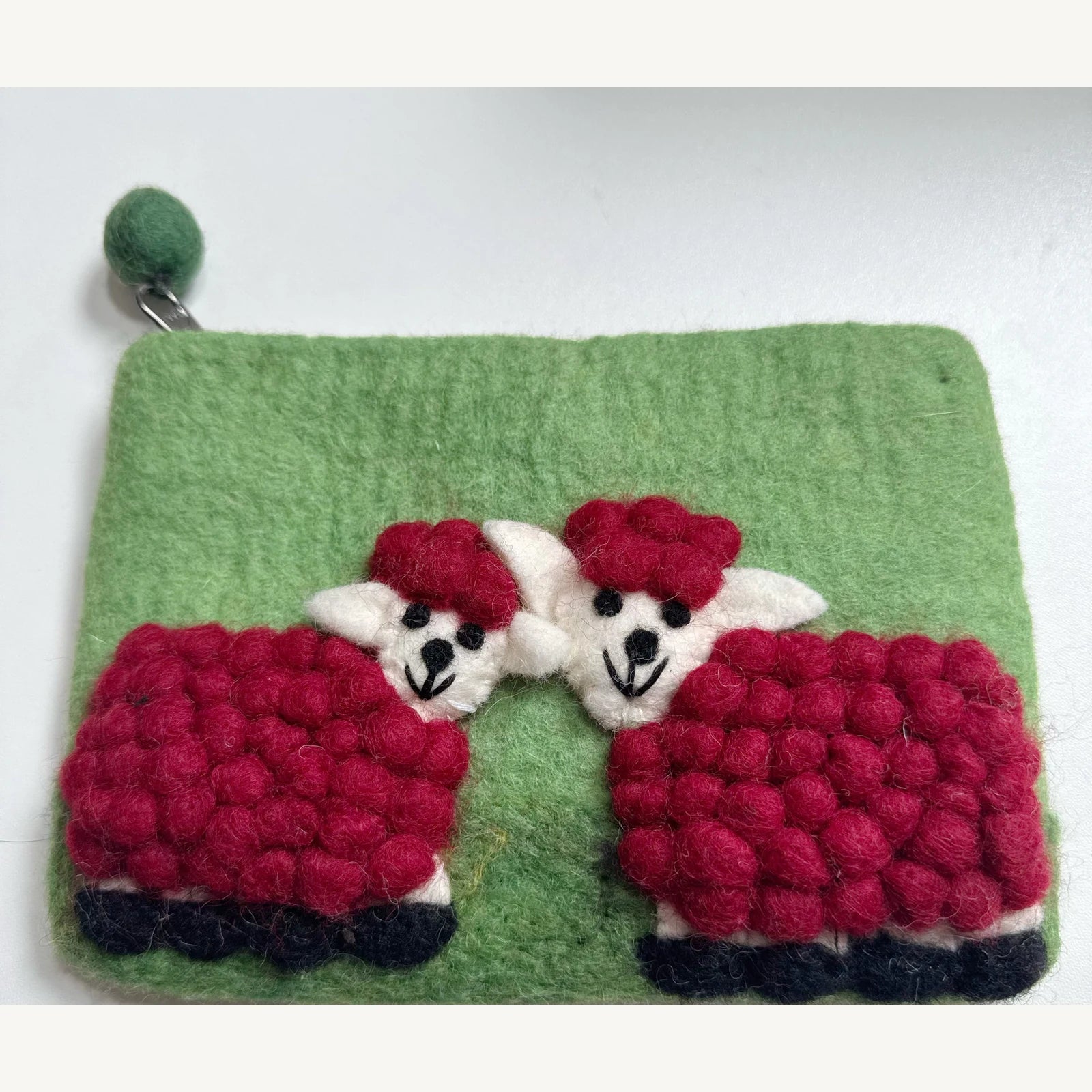 Handmade wool felt zip pouch — Red Sheep / Green