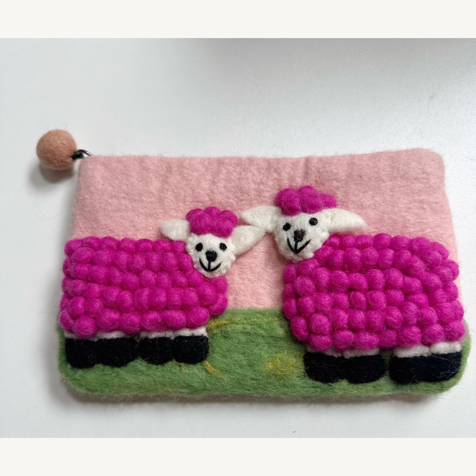 Handmade wool felt zip pouch — Vivid Pink Sheep — 20 × 12 cm