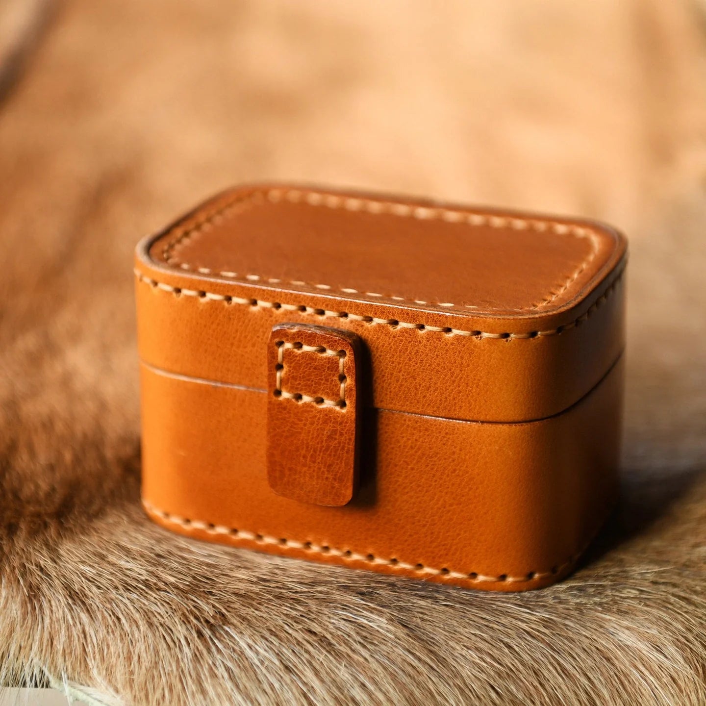 Hand-stitched cowhide travel jewelry box in Sunset Yellow