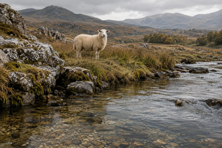 A sheep beside a quiet river, an editorial expression of the Capricornus relationship between land and water