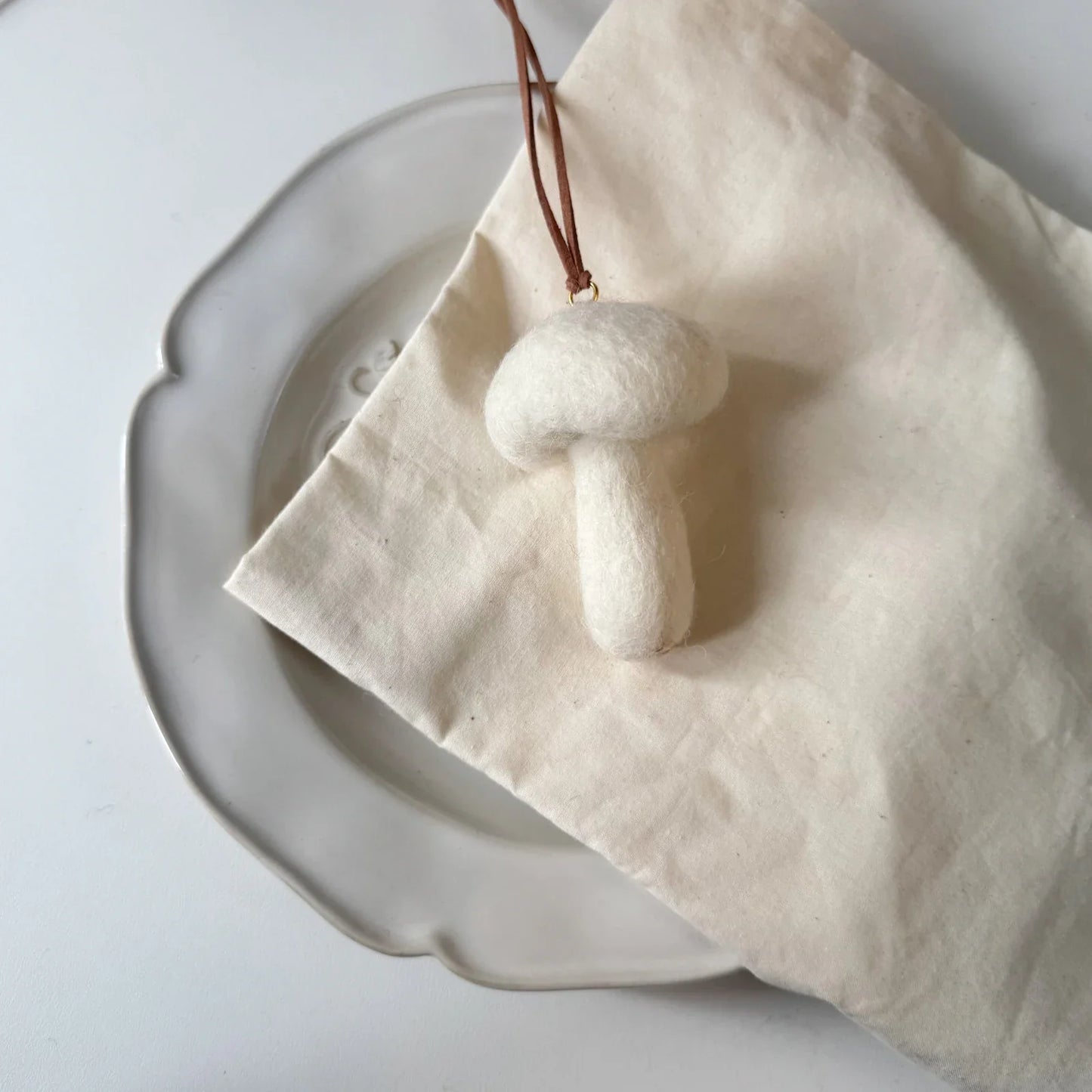White mushroom wool felt hanging charm