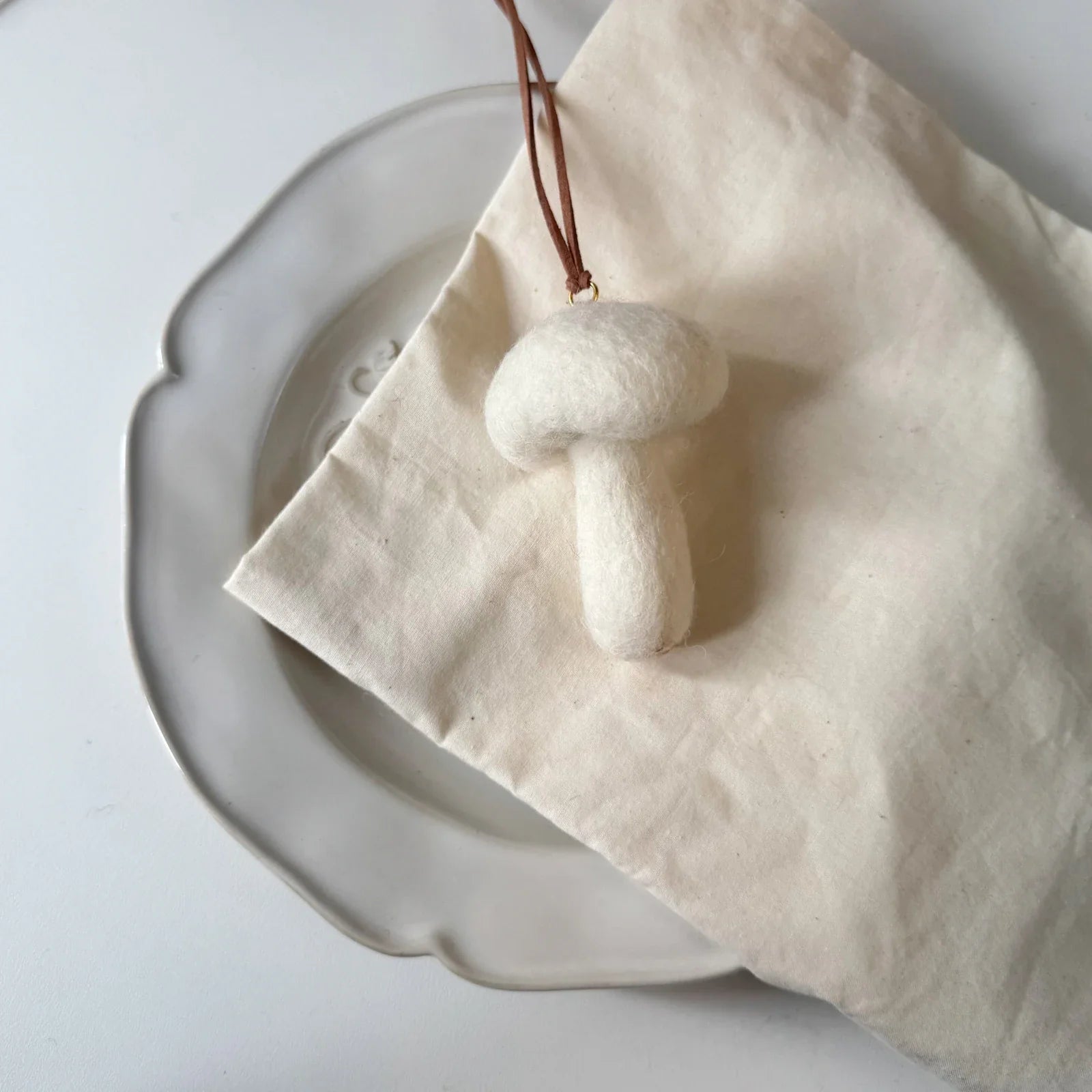 White mushroom wool felt hanging charm