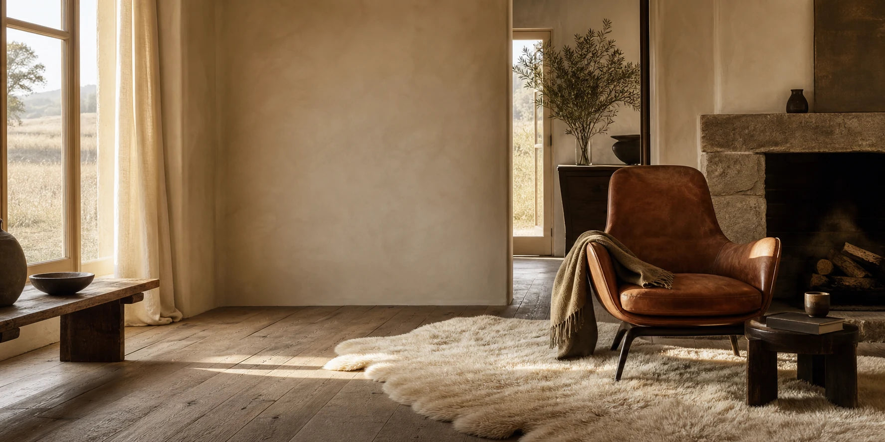 Calm natural-material living room with sheepskin, wool and leather