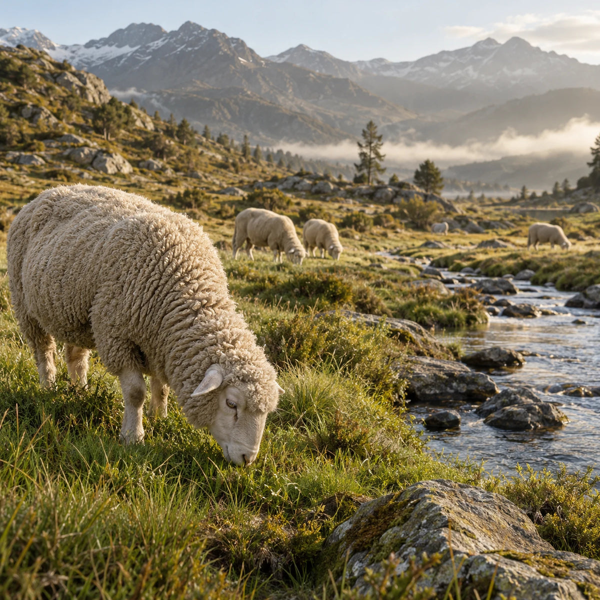 Merino sheep grazing in an alpine meadow beside a clear mountain stream; an illustrative natural landscape