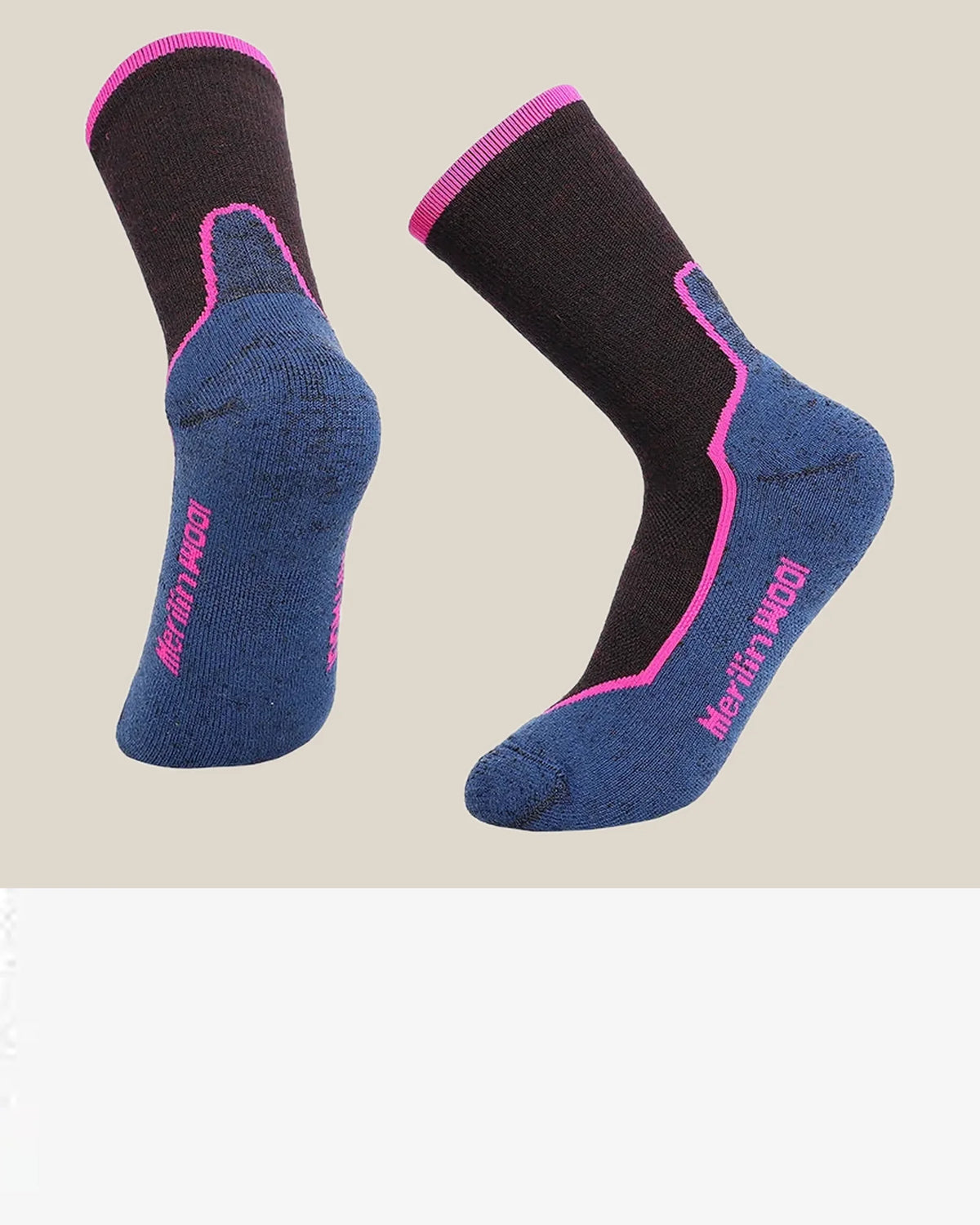 Construction and product view of Merino Wool Blend Hiking Socks with Crew Coverage, shown in Blue / Brown / Purple Trim