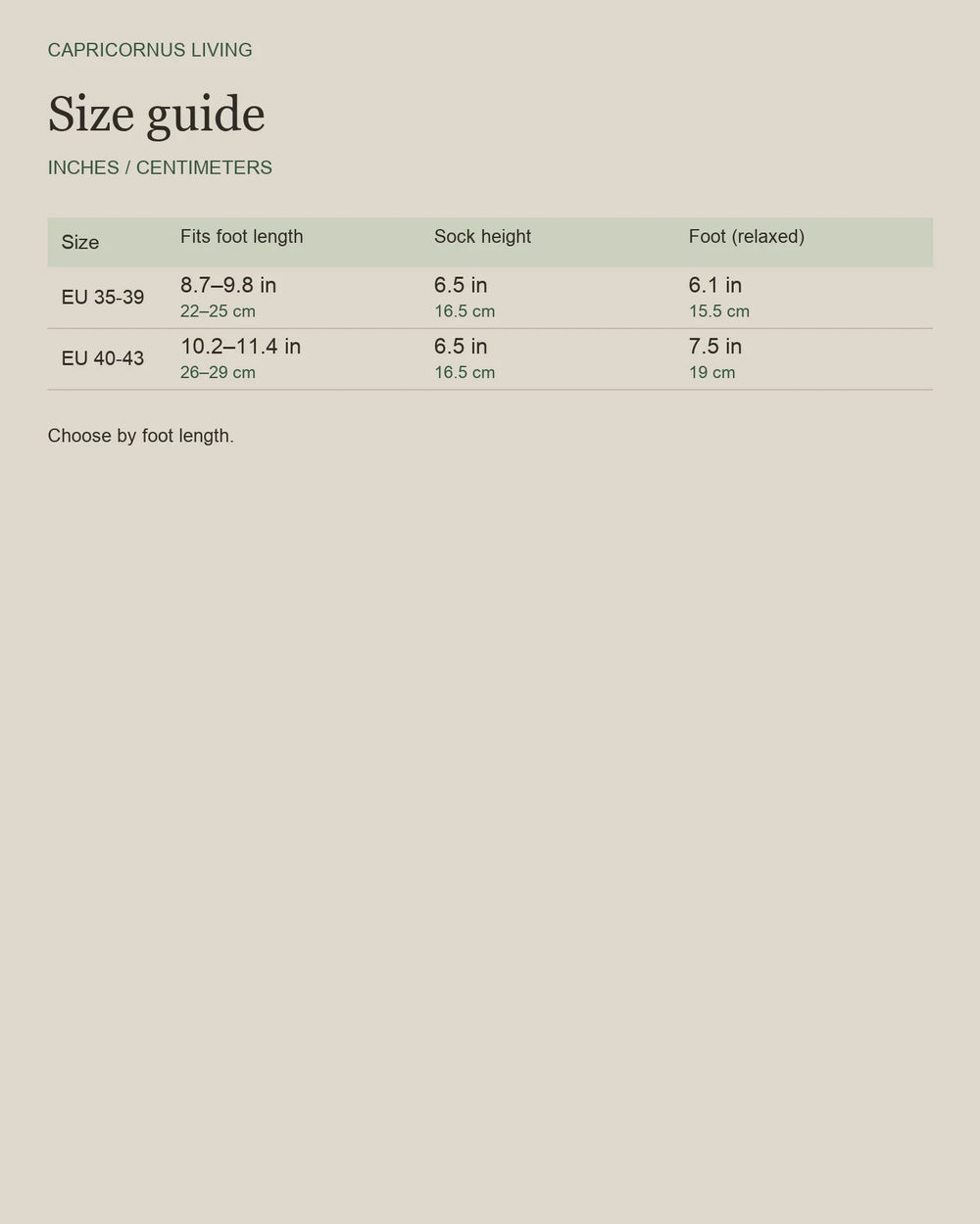 English size guide for Merino Wool Blend Hiking Socks with Crew Coverage, with centimeter and inch measurements