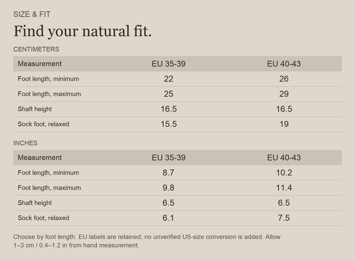 English size guide for Merino Wool Blend Hiking Socks with Crew Coverage, with centimeter and inch measurements