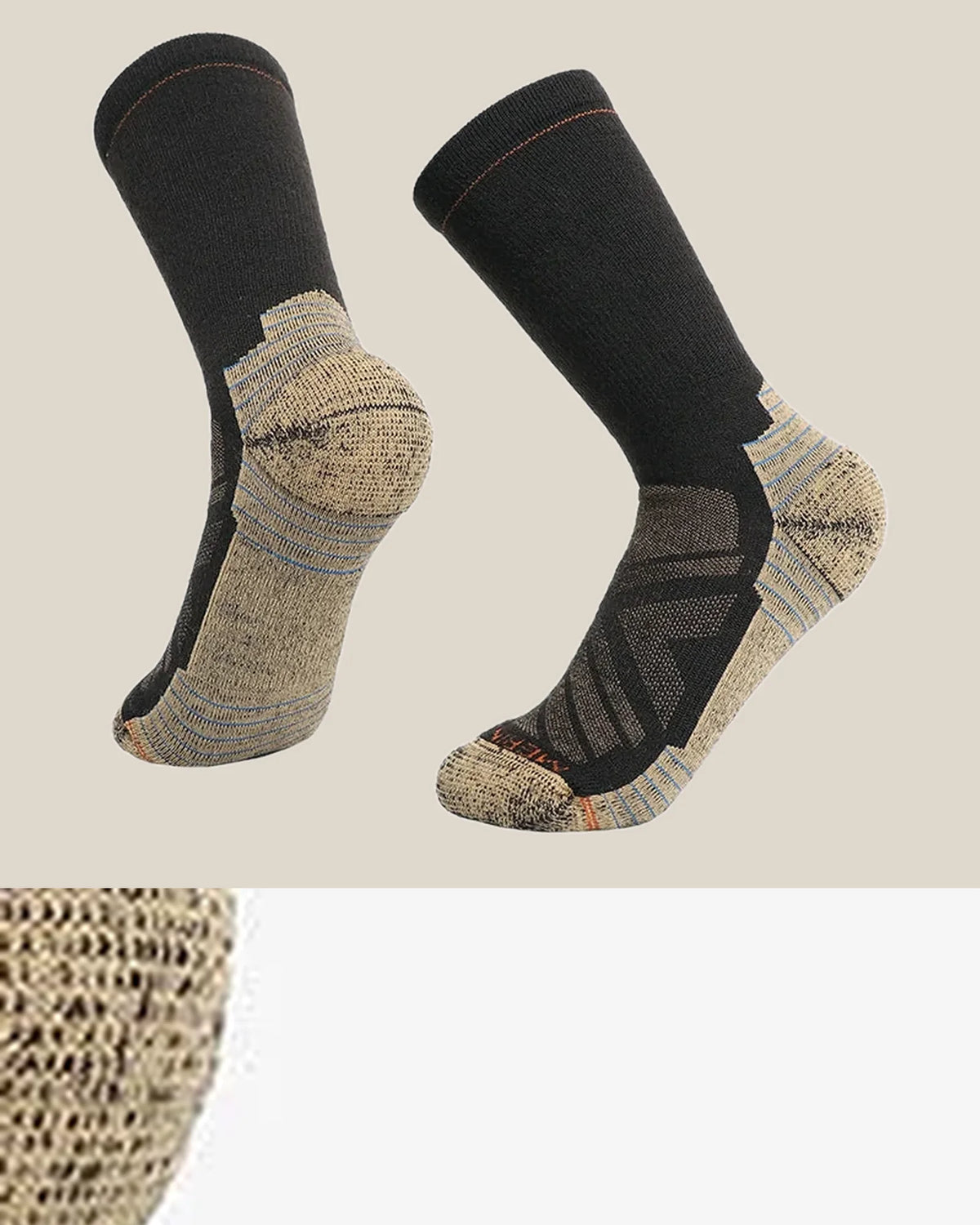 Construction and product view of Merino Wool Blend Hiking Socks with Tall Coverage, shown in Heather Tea