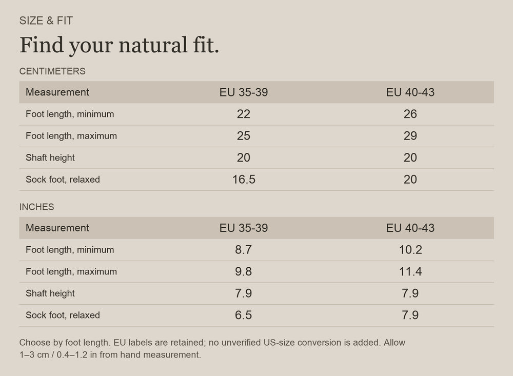 English size guide for Merino Wool Blend Hiking Socks with Tall Coverage, with centimeter and inch measurements