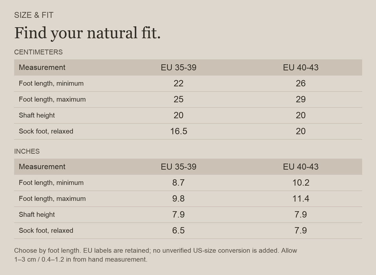 English size guide for Merino Wool Blend Hiking Socks with Tall Coverage, with centimeter and inch measurements
