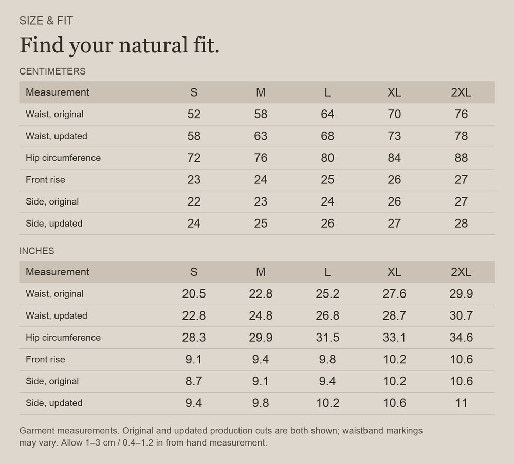 English size guide for Merino Wool Boyshorts for Everyday Adventures, with centimeter and inch measurements