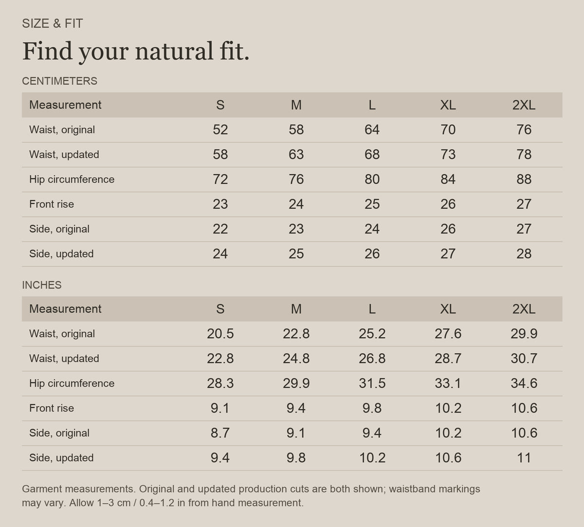 English size guide for Merino Wool Boyshorts for Everyday Adventures, with centimeter and inch measurements