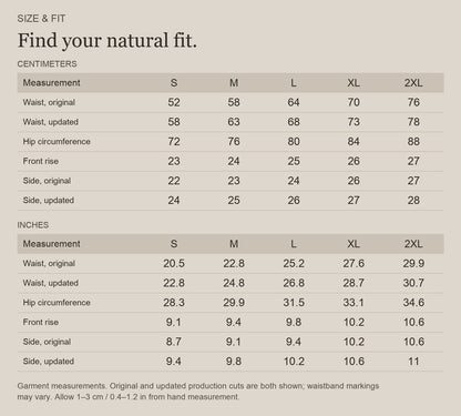 English size guide for Merino Wool Boyshorts for Everyday Adventures, with centimeter and inch measurements