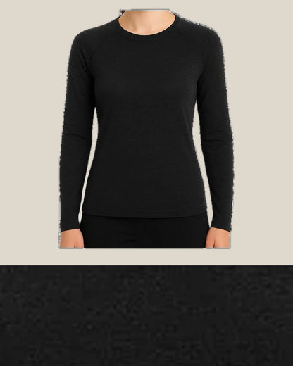 Construction and product view of Merino Wool Crew-Neck Base Layer for Outdoor Days, shown in Black · 180 gsm