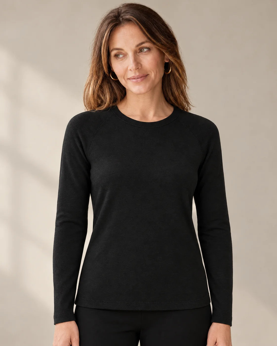 Merino Wool Crew-Neck Base Layer for Outdoor Days worn by an adult model