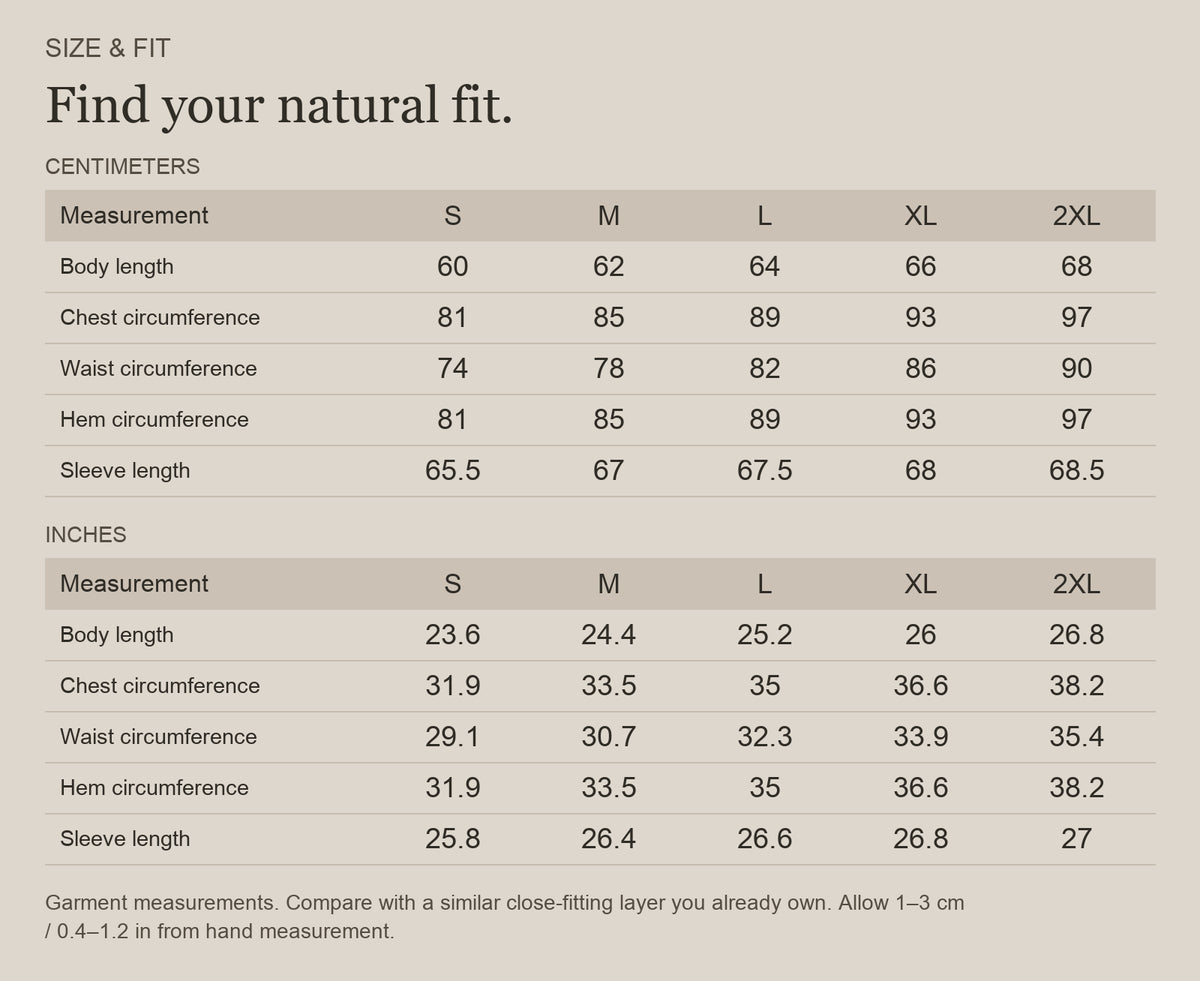 English size guide for Merino Wool Crew-Neck Base Layer for Outdoor Days, with centimeter and inch measurements