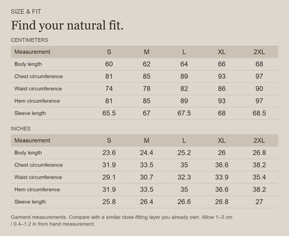 English size guide for Merino Wool Crew-Neck Base Layer for Outdoor Days, with centimeter and inch measurements