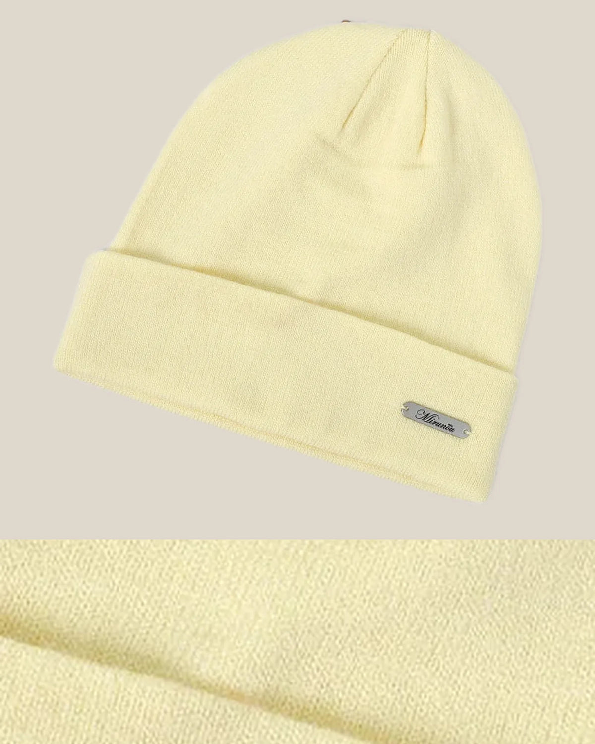 Construction and product view of Merino Wool Cuffed Beanie for Trail and Travel, shown in Pale Yellow
