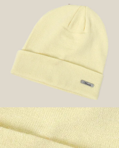 Construction and product view of Merino Wool Cuffed Beanie for Trail and Travel, shown in Pale Yellow