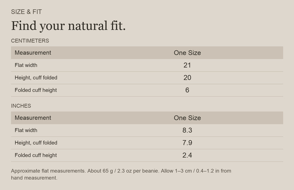 English size guide for Merino Wool Cuffed Beanie for Trail and Travel, with centimeter and inch measurements