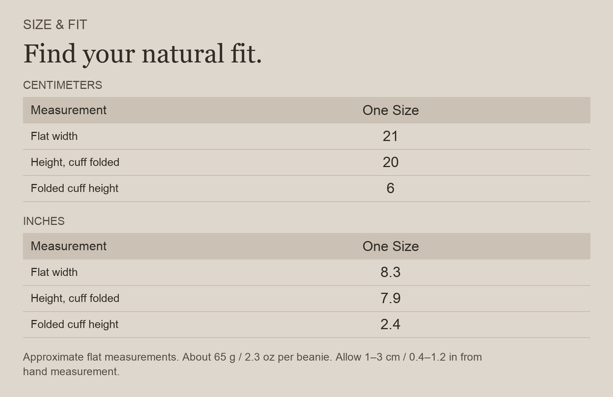 English size guide for Merino Wool Cuffed Beanie for Trail and Travel, with centimeter and inch measurements