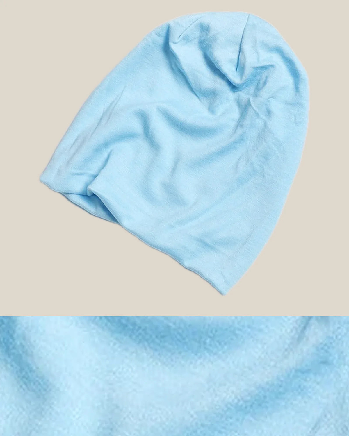 Construction and product view of Merino Wool Double-Layer Beanie for the Outdoors, shown in Ice Blue · 50% Merino / 50% Lyocell