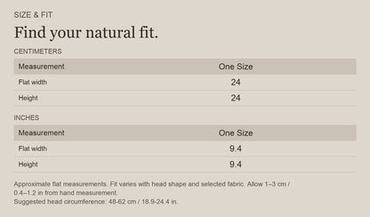 English size guide for Merino Wool Double-Layer Beanie for the Outdoors, with centimeter and inch measurements