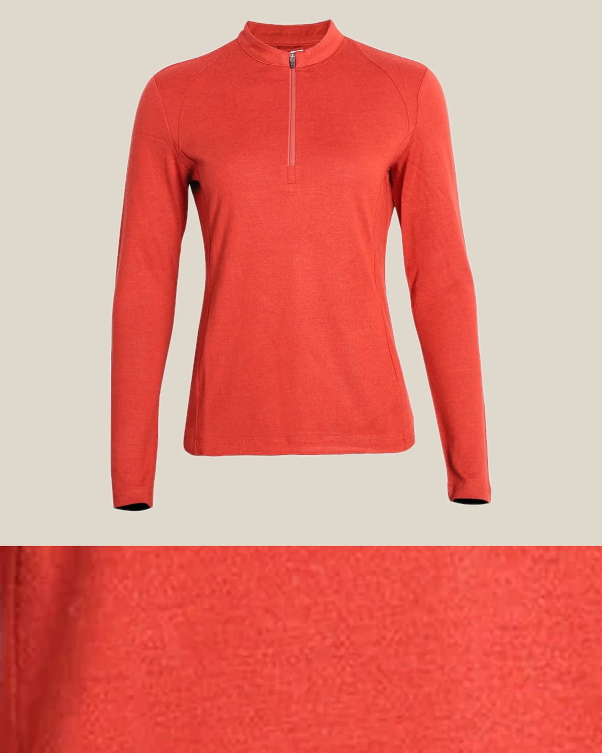Construction and product view of Merino Wool Half-Zip Base Layer for Outdoor Days, shown in Orange Red · 40% Merino