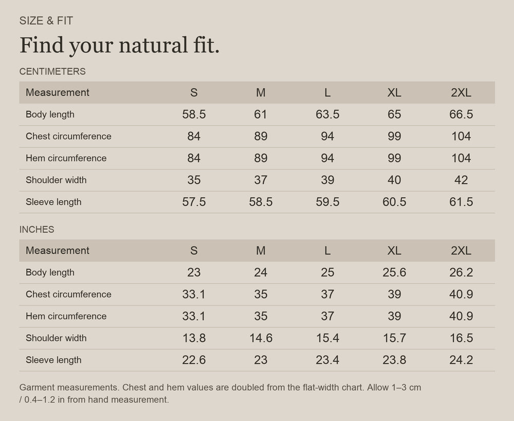 English size guide for Merino Wool Half-Zip Base Layer for Outdoor Days, with centimeter and inch measurements