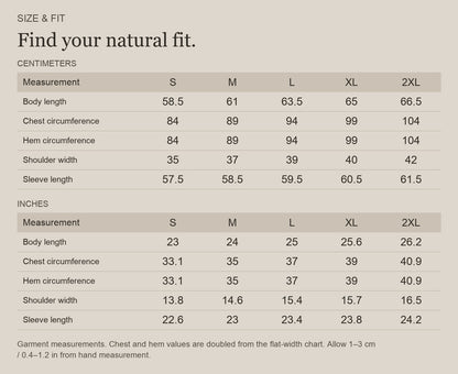 English size guide for Merino Wool Half-Zip Base Layer for Outdoor Days, with centimeter and inch measurements