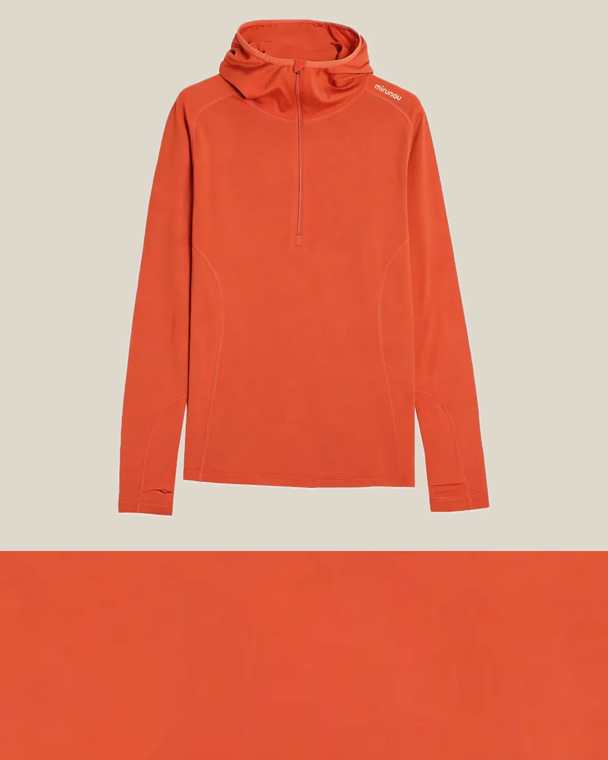 Construction and product view of Merino Wool Half-Zip Hoodie for Trail and Travel, shown in Sunset Orange